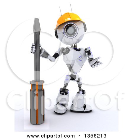 Clipart of a 3d Futuristic Robot Construction Worker Contractor with a Screwdriver, on a Shaded White Background - Royalty Free Illustration by KJ Pargeter