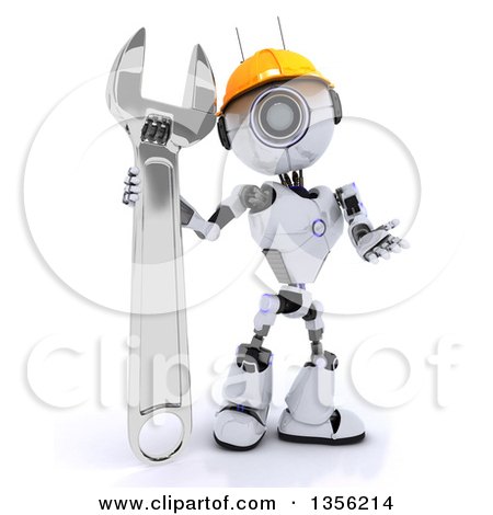 Clipart of a 3d Futuristic Robot Construction Worker Contractor with an Adjustable Wrench, on a Shaded White Background - Royalty Free Illustration by KJ Pargeter