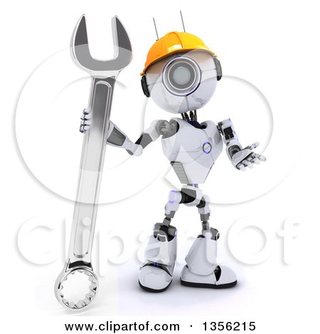 Clipart of a 3d Futuristic Robot Construction Worker Contractor with a Wrench, on a Shaded White Background - Royalty Free Illustration by KJ Pargeter
