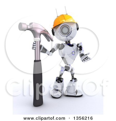 Clipart of a 3d Futuristic Robot Construction Worker Contractor with a Hammer, on a Shaded White Background - Royalty Free Illustration by KJ Pargeter