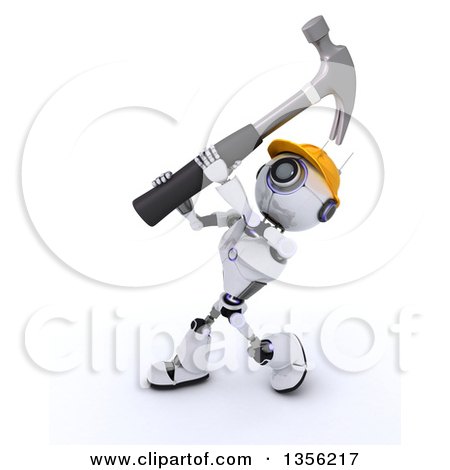 Clipart of a 3d Futuristic Robot Construction Worker Contractor Swinging a Hammer, on a Shaded White Background - Royalty Free Illustration by KJ Pargeter