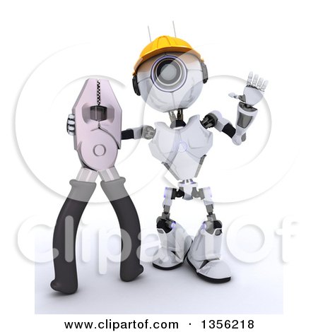 Clipart of a 3d Futuristic Robot Construction Worker Contractor with Pliers, on a Shaded White Background - Royalty Free Illustration by KJ Pargeter