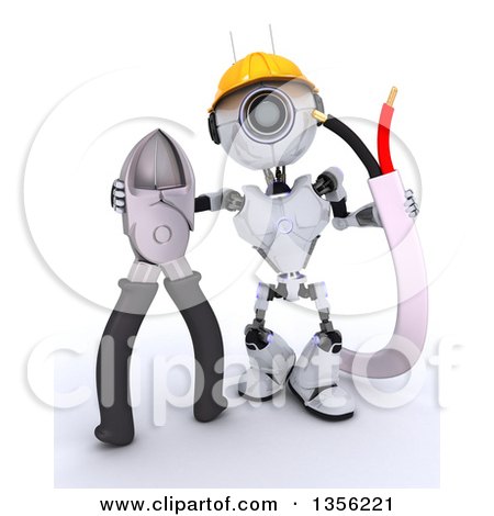 Clipart of a 3d Futuristic Robot Construction Worker Contractor with Cables and Pliers, on a Shaded White Background - Royalty Free Illustration by KJ Pargeter