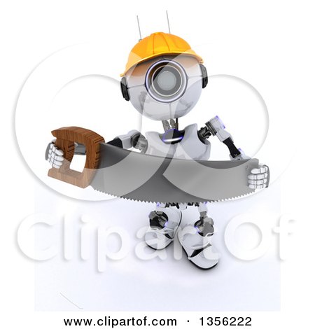 Clipart of a 3d Futuristic Robot Construction Worker Contractor with a Saw, on a Shaded White Background - Royalty Free Illustration by KJ Pargeter