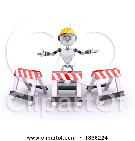 Clipart of a 3d Futuristic Robot Construction Worker Contractor with Barriers, on a Shaded White Background - Royalty Free Illustration by KJ Pargeter