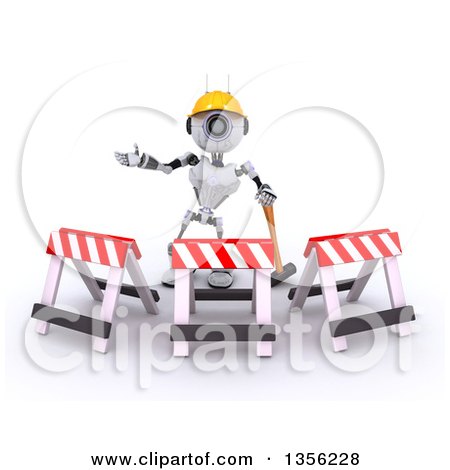 Clipart of a 3d Futuristic Robot Construction Worker Contractor with a Sledgehammer and Barriers, on a Shaded White Background - Royalty Free Illustration by KJ Pargeter