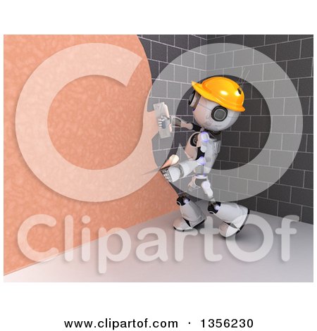 Clipart of a 3d Futuristic Robot Construction Worker Contractor Applying Plaster over a Stone Wall - Royalty Free Illustration by KJ Pargeter