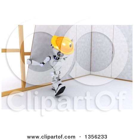 Clipart of a 3d Futuristic Robot Construction Worker Contractor Installing Drywall, on a Shaded White Background - Royalty Free Illustration by KJ Pargeter