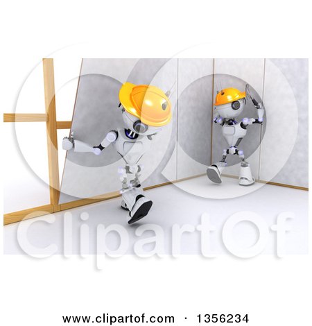 Clipart of 3d Futuristic Robot Construction Worker Contractors Installing Drywall, on a Shaded White Background - Royalty Free Illustration by KJ Pargeter