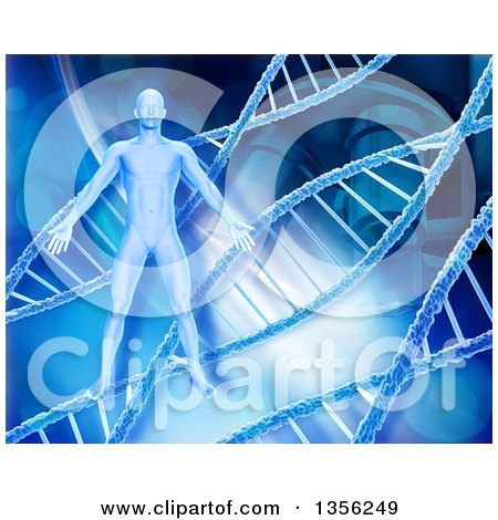 Clipart of a 3d Medical Anatomical Male over a Blue DNA and Microscope Background - Royalty Free Illustration by KJ Pargeter
