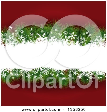 Clipart of a Christmas Background with Fir Tree Branches and Snow over Red - Royalty Free Vector Illustration by KJ Pargeter