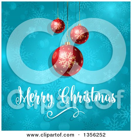 Clipart of a Merry Christmas Greeting Under 3d Red Suspended Baubles on Blue Snowflakes and Flares - Royalty Free Vector Illustration by KJ Pargeter