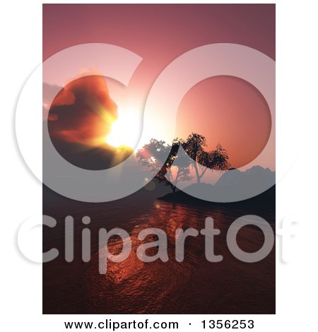 Clipart of a 3d Landscape of Trees on Hills over a Lake at Sunset - Royalty Free Illustration by KJ Pargeter