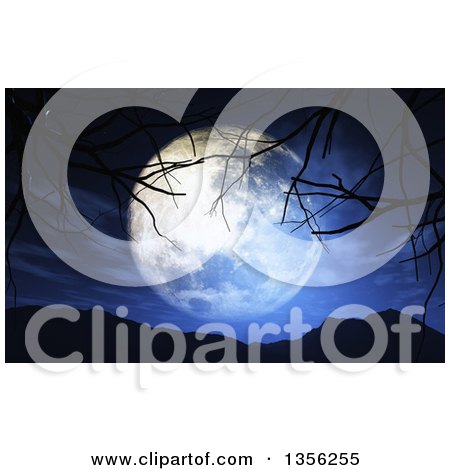 Clipart of a 3d Full Moon Framed in Bare Branches over Silhouetted Mountains - Royalty Free Illustration by KJ Pargeter
