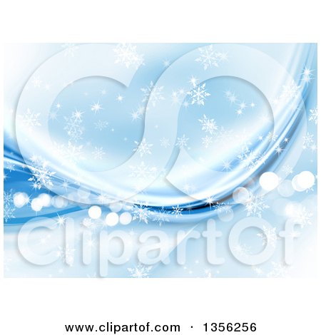 Clipart of a Blue Snowflake Winter or Christmas Background with Flares and Waves - Royalty Free Illustration by KJ Pargeter