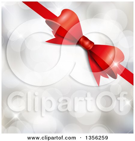 Clipart of a 3d Shiny Red Gift Ribbon over Silver Flares - Royalty Free Vector Illustration by KJ Pargeter