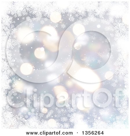 Clipart of a Silver Snowflake Winter or Christmas Background with Flares and Stars - Royalty Free Illustration by KJ Pargeter