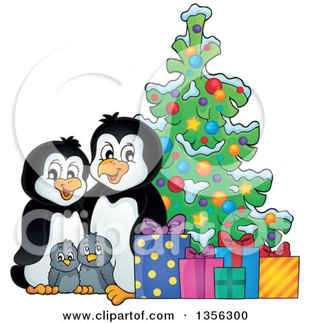 Clipart of a Cartoon Happy Penguin Family with Gifts by a Christmas Tree - Royalty Free Vector Illustration by visekart