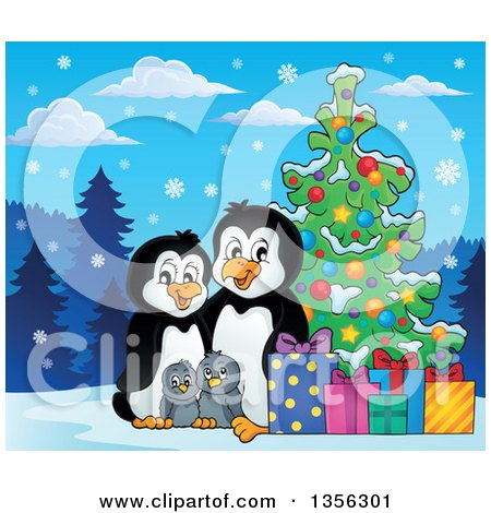 Clipart of a Cartoon Happy Penguin Family with Gifts by a Christmas Tree in the Snow - Royalty Free Vector Illustration by visekart
