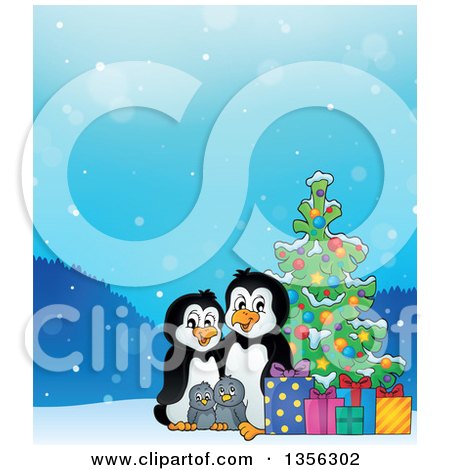 Clipart of a Cartoon Happy Penguin Family with Gifts by a Christmas Tree - Royalty Free Vector Illustration by visekart