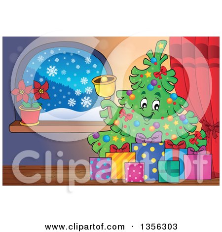 Clipart of a Christmas Tree Character Ringing a Bell, with Gifts Indoors - Royalty Free Vector Illustration by visekart
