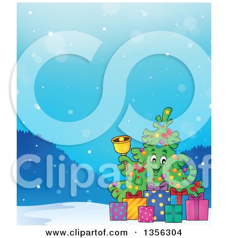 Clipart of a Christmas Tree Character Ringing a Bell with Gifts in the Snow - Royalty Free Vector Illustration by visekart