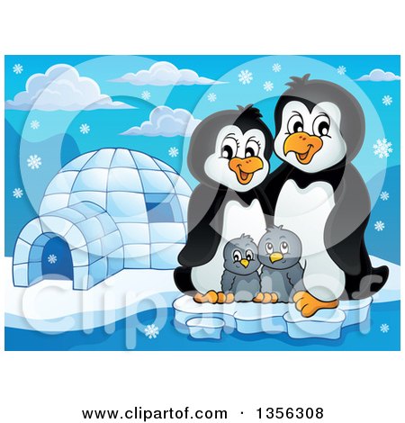 Clipart of a Cartoon Happy Penguin Family by an Igloo - Royalty Free Vector Illustration by visekart
