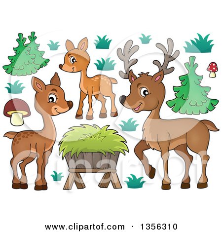 Clipart of a Cartoon Cute Deer Family, Hay and Plants - Royalty Free Vector Illustration by visekart
