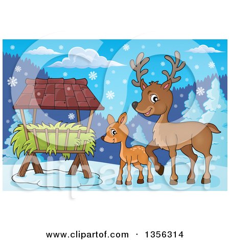 Clipart of a Cartoon Cute Baby Deer and Doe by a Feeder in the Winter - Royalty Free Vector Illustration by visekart