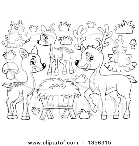 Clipart of a Cartoon Black and White Cute Deer Family, Trees and Plants - Royalty Free Vector Illustration by visekart