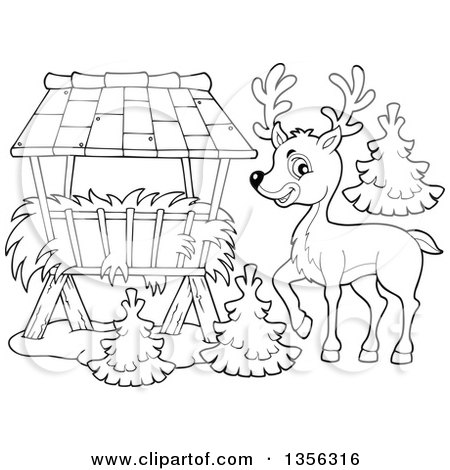 Clipart of a Cartoon Black and White Cute Buck Deer by a Hay Feeder - Royalty Free Vector Illustration by visekart