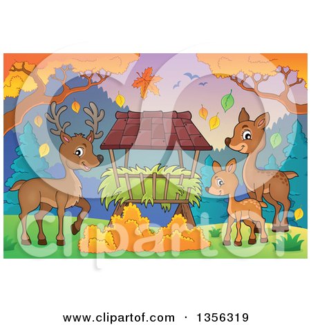Clipart of a Cartoon Cute Deer Family by a Hay Feeder in an Autumn Landscape - Royalty Free Vector Illustration by visekart
