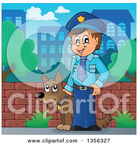 Clipart of a Cartoon White Male Police Officer with a Dog in a City - Royalty Free Vector Illustration by visekart