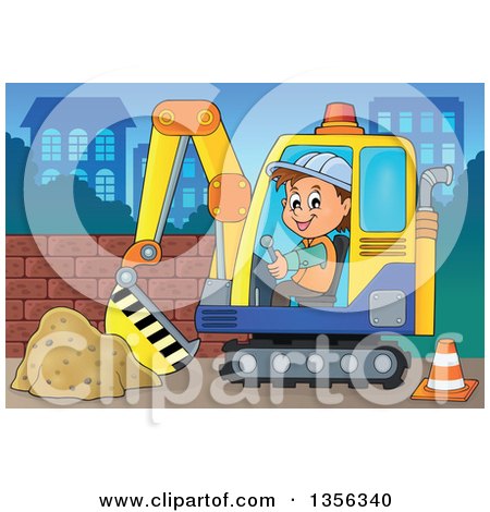 Clipart of a Cartoon Caucasian Male Construction Worker Operating an Excavator in the City - Royalty Free Vector Illustration by visekart