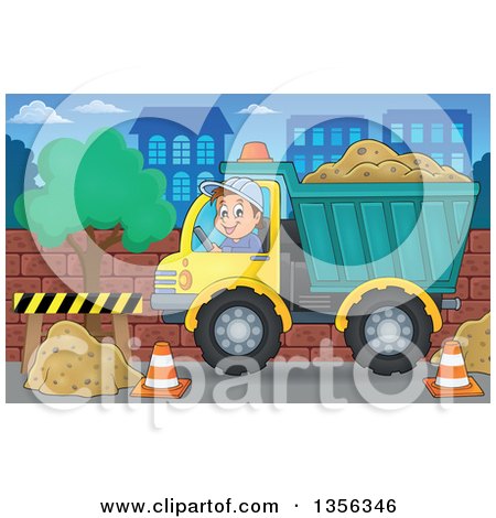 Clipart of a Cartoon Caucasian Male Construction Worker Moving a Load of Sand in a Dump Truck in the City - Royalty Free Vector Illustration by visekart