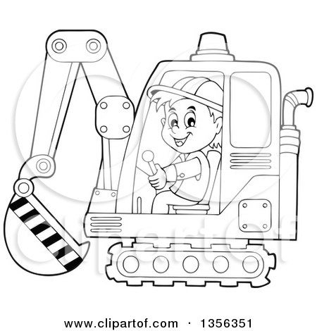 Clipart of a Cartoon Black and White Male Construction Worker Operating an Excavator - Royalty Free Vector Illustration by visekart