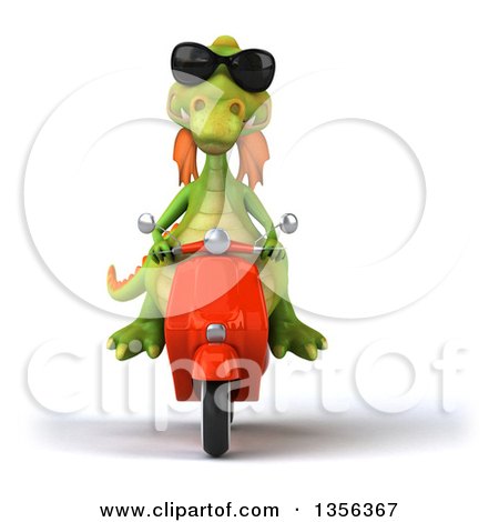 Clipart of a 3d Green Dragon Wearing Sunglasses and Riding an Orange Scooter, on a White Background - Royalty Free Illustration by Julos
