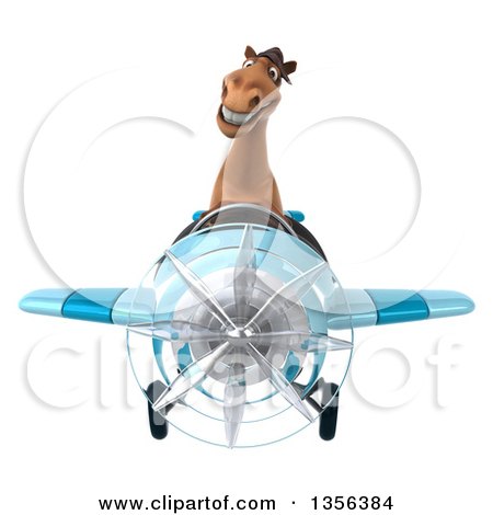 Clipart of a 3d Brown Horse Aviator Pilot Flying a Blue Airplane, on a White Background - Royalty Free Illustration by Julos