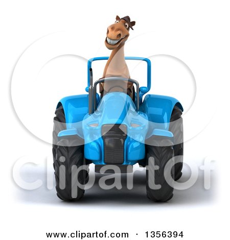 Clipart of a 3d Brown Horse Operating a Blue Tractor, on a White Background - Royalty Free Illustration by Julos