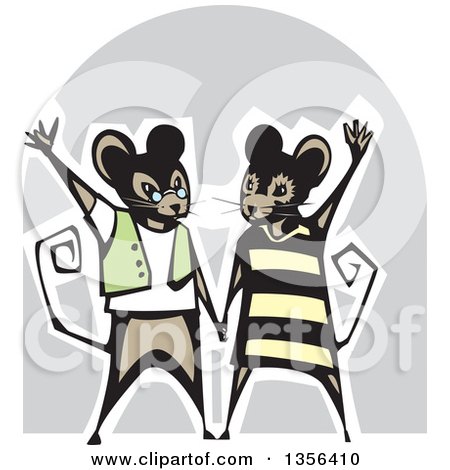 Clipart of a Woodcut Mice Couple Holding Hands and Waving over Gray - Royalty Free Vector Illustration by xunantunich