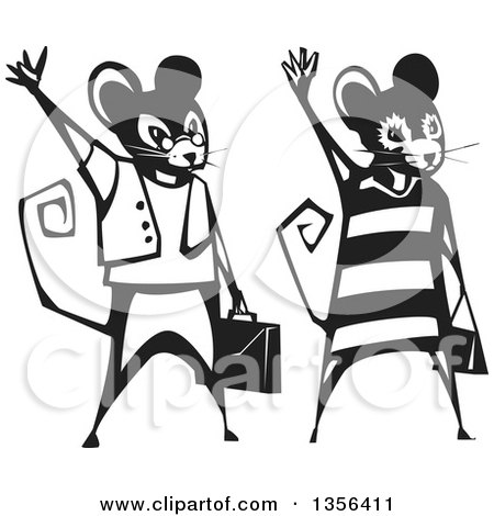 Clipart of a Black and White Woodcut Mice Business Couple Holding Briefcases and a Purse and Waving - Royalty Free Vector Illustration by xunantunich