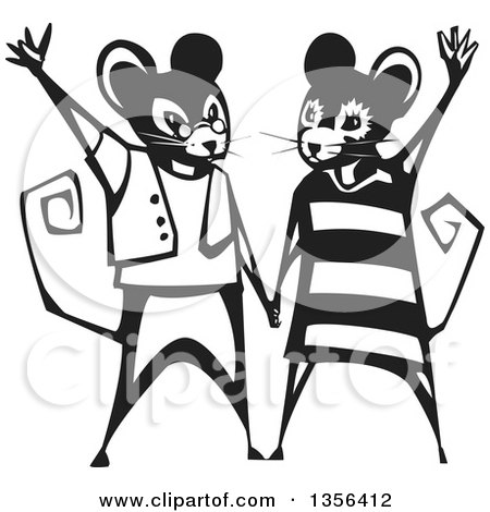 Clipart of a Black and White Woodcut Mice Couple Holding Hands and Waving - Royalty Free Vector Illustration by xunantunich