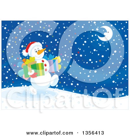 Clipart of a Christmas Snowman Carrying Gifts and Walking on a Snowy Night - Royalty Free Vector Illustration by Alex Bannykh