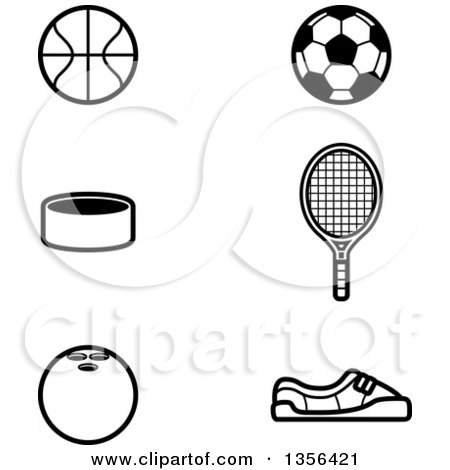 Clipart of Black and White Lineart Baskketball, Soccer, Tennis, Hockey, and Bowling Sports Icons - Royalty Free Vector Illustration by Cory Thoman