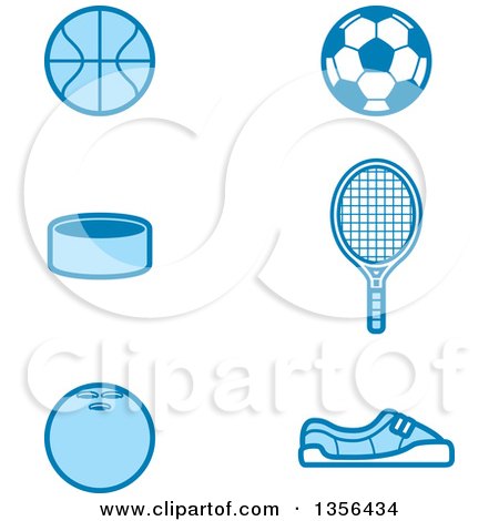Clipart of Blue Baskketball, Soccer, Tennis, Hockey, and Bowling Sports Icons - Royalty Free Vector Illustration by Cory Thoman