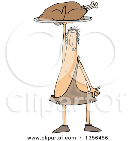 Clipart of a Cartoon Caveman Holding up a Roasted Turkey on a Platter - Royalty Free Vector Illustration by djart