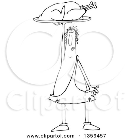 Outline Clipart of a Cartoon Black and White Caveman Holding up a Roasted Turkey on a Platter - Royalty Free Lineart Vector Illustration by djart