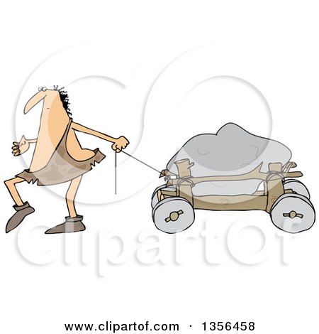 Clipart of a Cartoon Caveman Pulling a Boulder on a Cart - Royalty Free Vector Illustration by djart