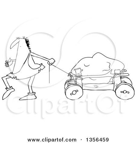 Outline Clipart of a Cartoon Black and White Caveman Pulling a Boulder on a Cart - Royalty Free Lineart Vector Illustration by djart
