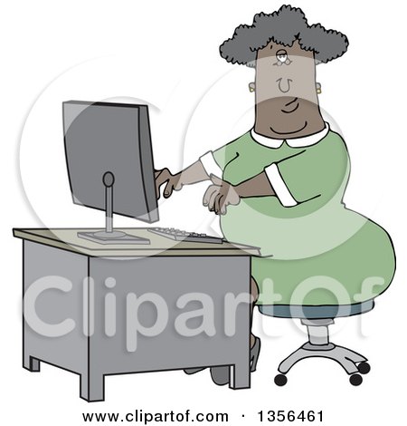 Clipart of a Cartoon Black Female Secretary Working at a Computer Desk - Royalty Free Vector Illustration by djart